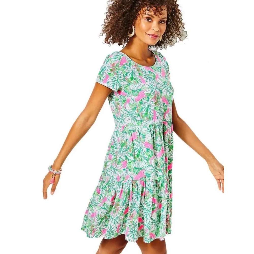 Lilly Pulitzer Geanna Tiered Short Sleeve Dress Green Pink Peacock Tropical Sm